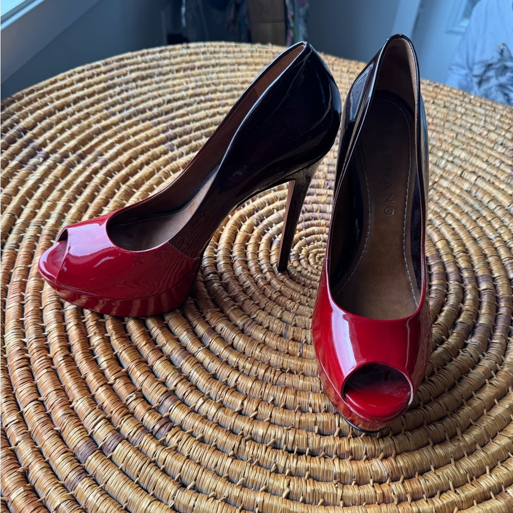 Carrano 8 Red and Black Peep Toe Heels